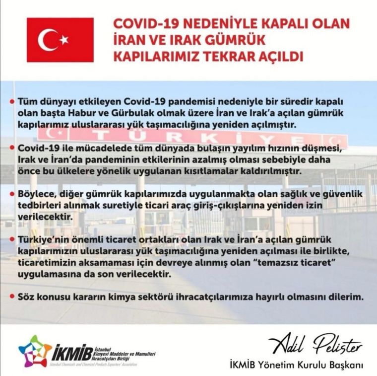 Covir 19 nedeniyle kapal olan ran ve Irak gmrk kaplar ald.