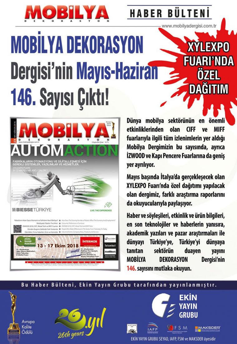 Mobilya dergisi Mays 2018 146. say kt.